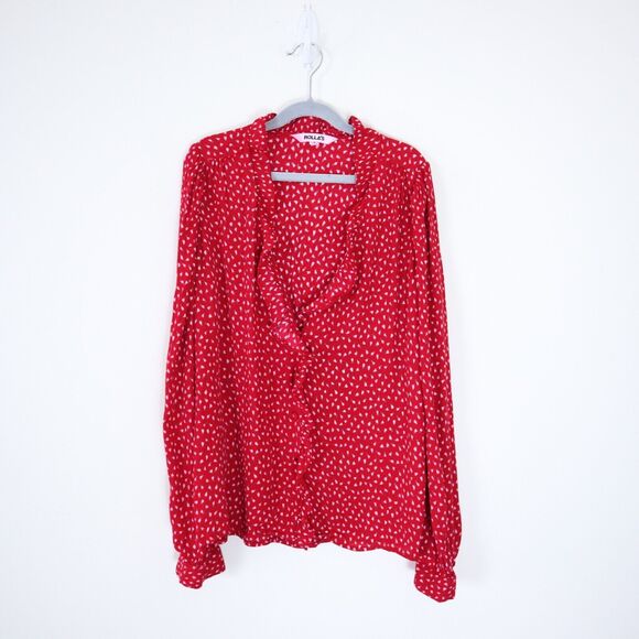 ROLLA’S Size M Lily Blouse Ruffle Trim Long Sleeve Red Pink Mini Tulip Print - Picture 2 of 11